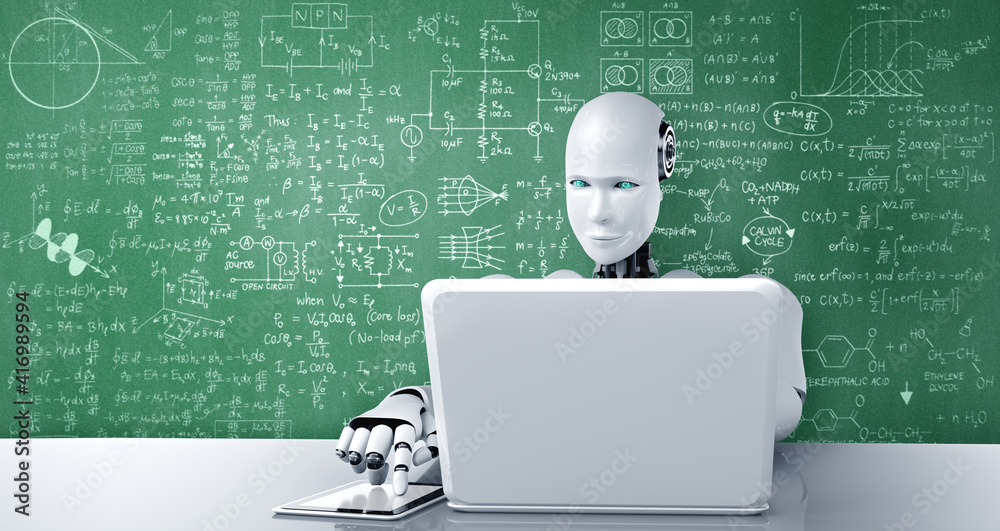 人形机器人使用笔记本电脑，坐在桌子旁，利用人工智能思维大脑进行工程科学研究