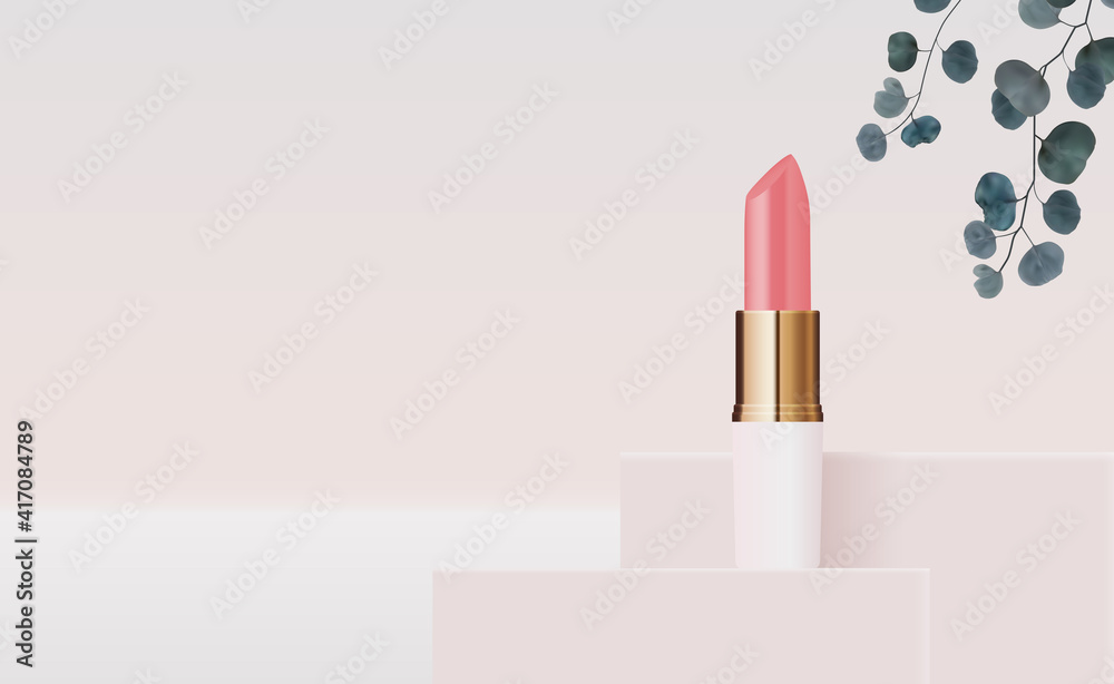 粉色讲台上的3D真实自然口红广告时尚化妆品产品设计模板，f