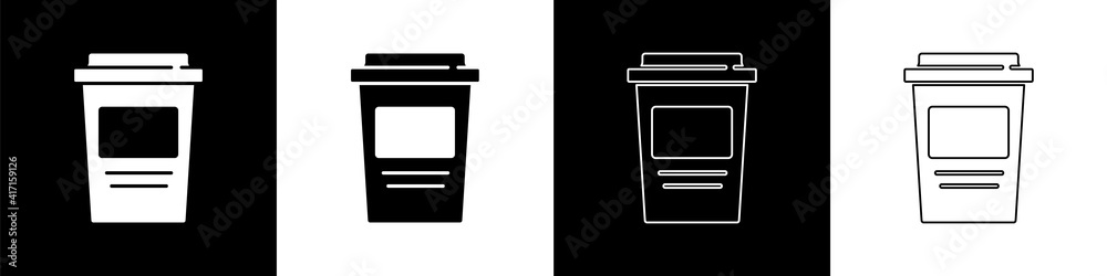 将咖啡杯设置为在黑白背景上隔离的图标。矢量。
