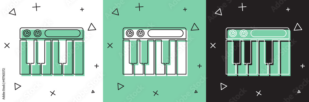 将音乐合成器图标隔离在白色和绿色，黑色背景上。电子钢琴。矢量。