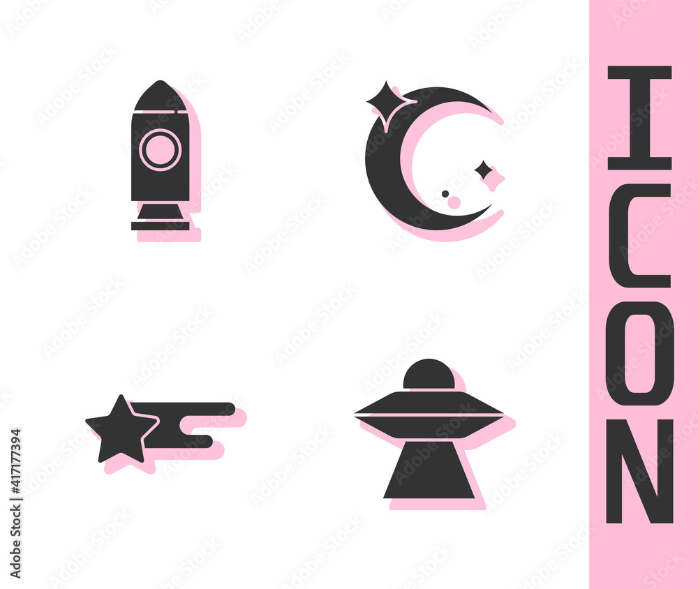 Set UFO flying spaceship, Rocket, Falling star and Moon and stars icon. Vector.