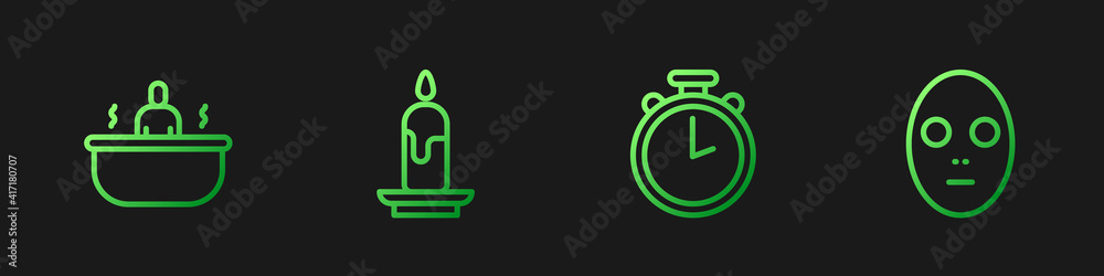 Set line Stopwatch, Bathtub, Burning candle and Facial cosmetic mask. Gradient color icons. Vector.