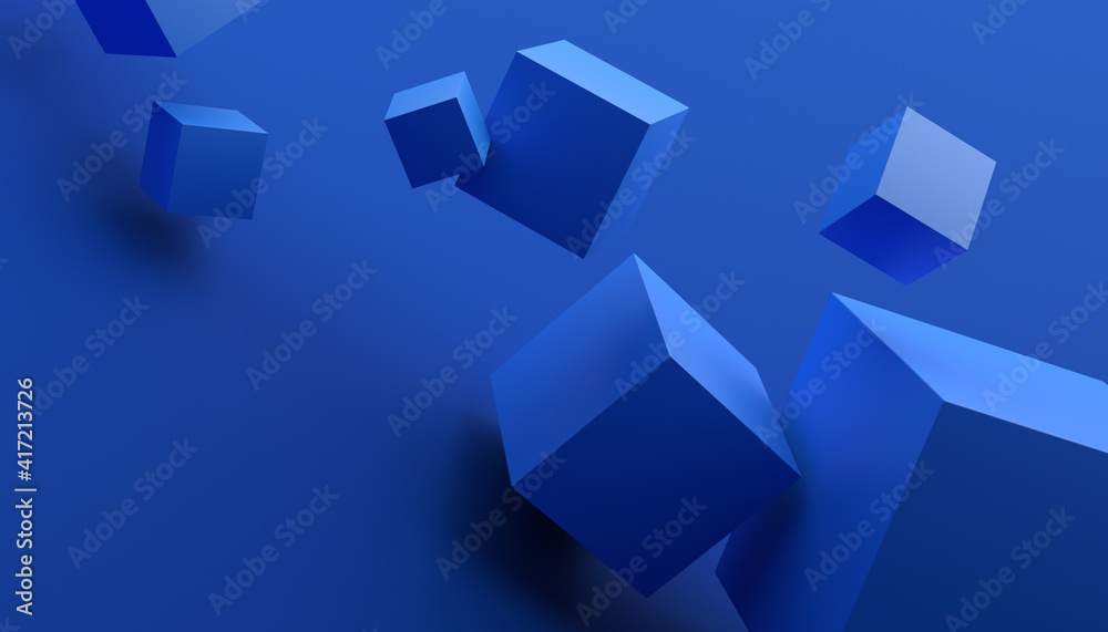 抽象三维渲染，带有立方体的蓝色几何背景设计