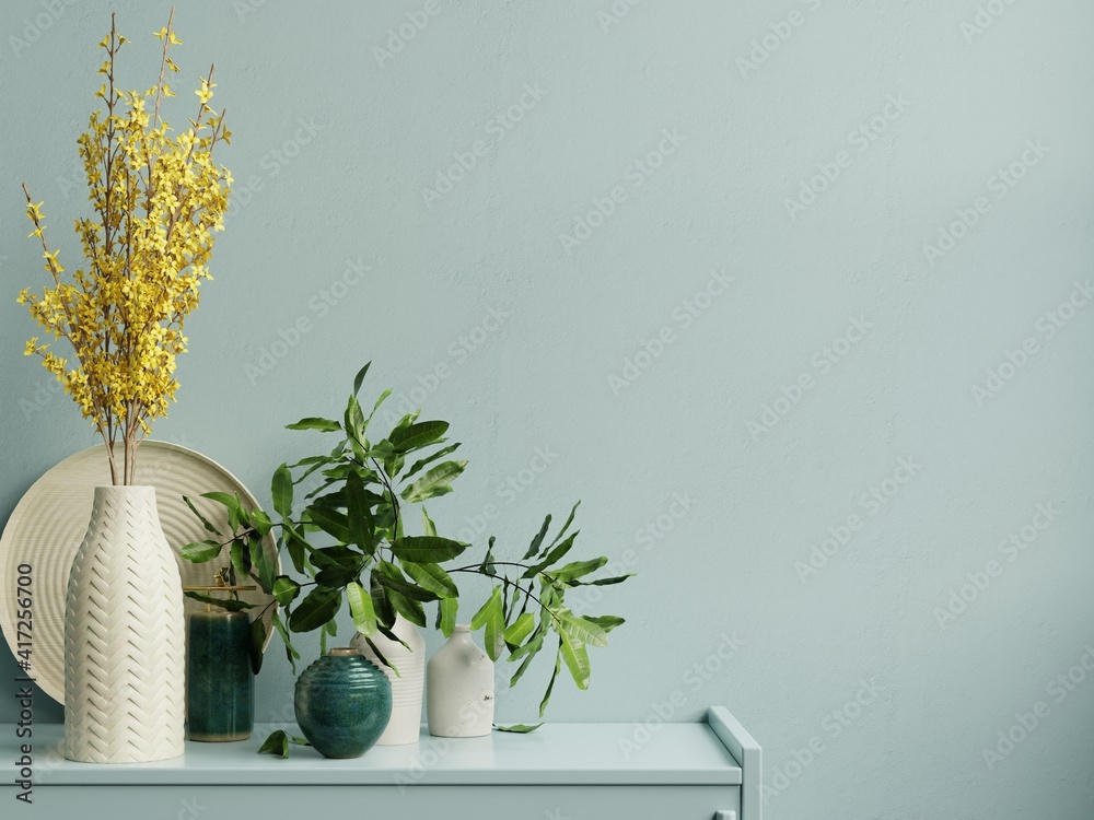 Interior wall mockup with green plant,Light blue wall and shelf.