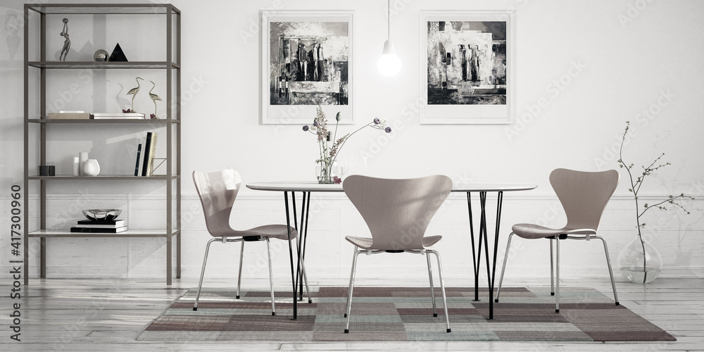 可爱的餐厅家具设计-全景黑白3D可视化