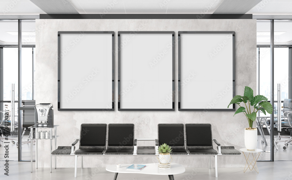 三个垂直框架挂在办公室候诊室的模型。现代混凝土广告牌的模型