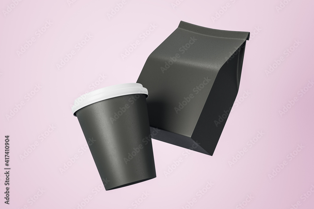 空白黑色纸杯和浅粉色背景的黑咖啡包装。实物模型