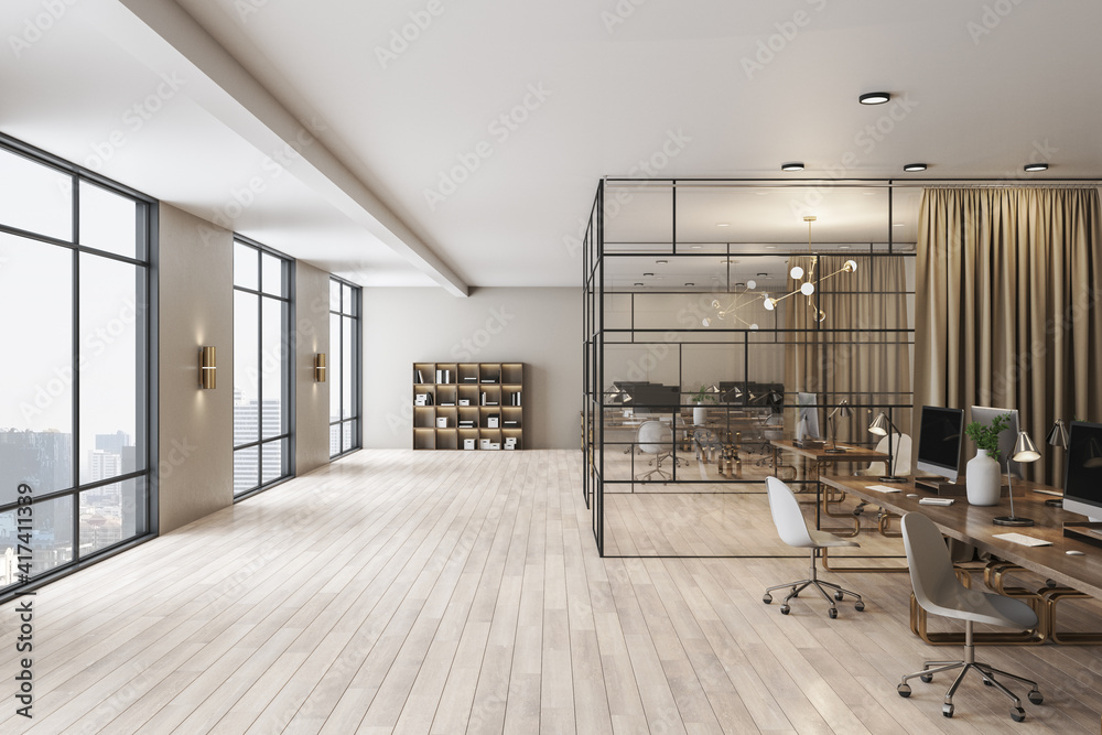宽敞的办公室，配有现代家具、大窗户、木地板和带玻璃墙的独立橱柜
