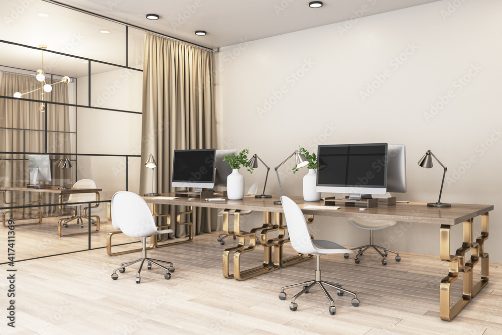 时尚的办公室，配有木制桌子、青铜腿、白色椅子和玻璃后的独立橱柜