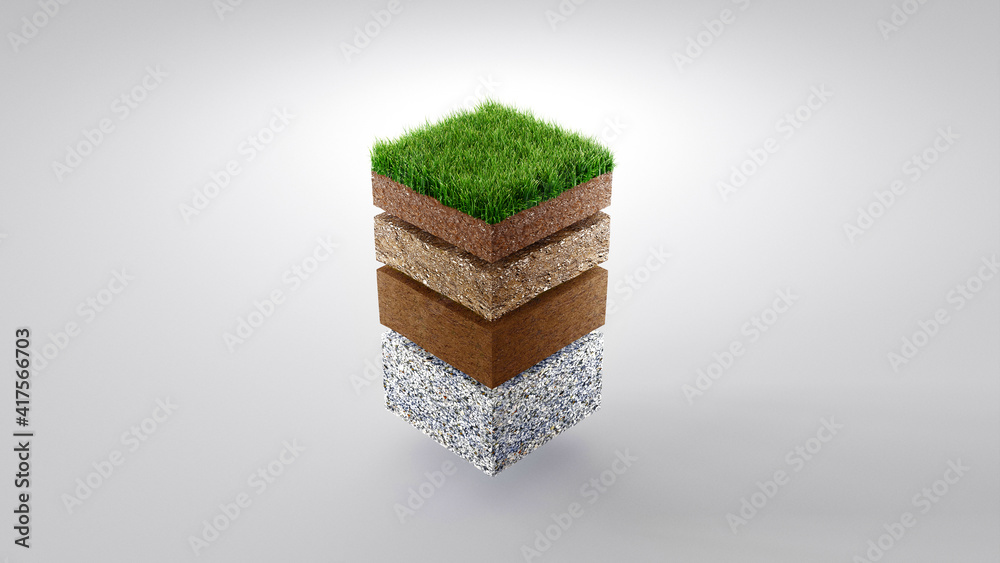 Ground or soil layers. Perspective empty space of green grass square isolated on white background. 3
