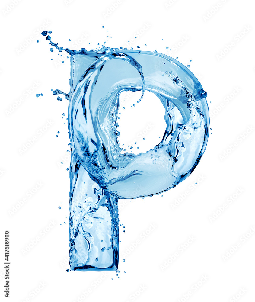 拉丁字母P由飞溅的水制成，孤立在白色背景上