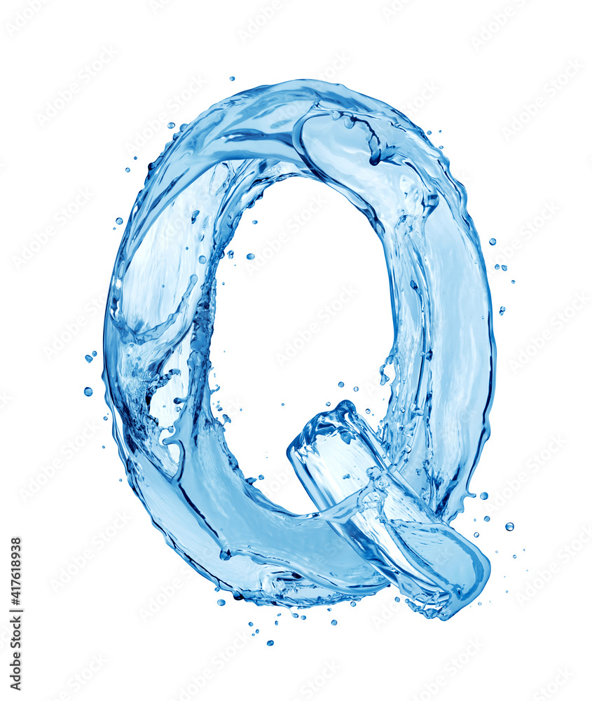 拉丁字母Q由飞溅的水制成，孤立在白色背景上