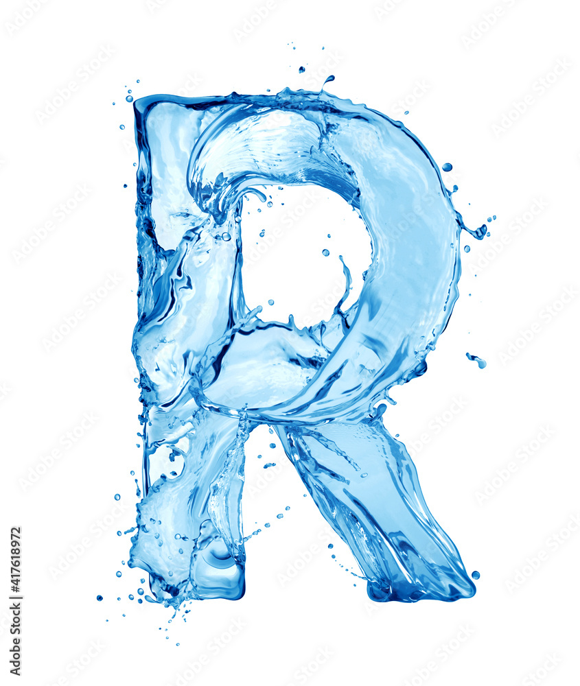 拉丁字母R由飞溅的水制成，孤立在白色背景上