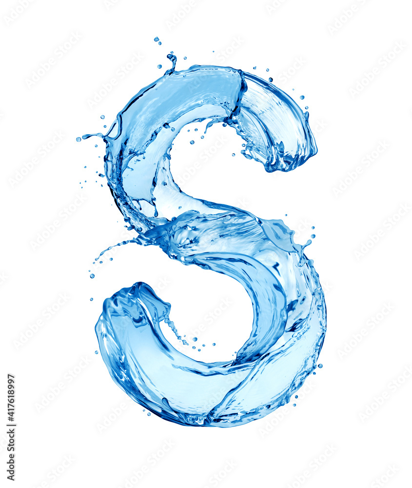 拉丁字母S由飞溅的水制成，孤立在白色背景上
