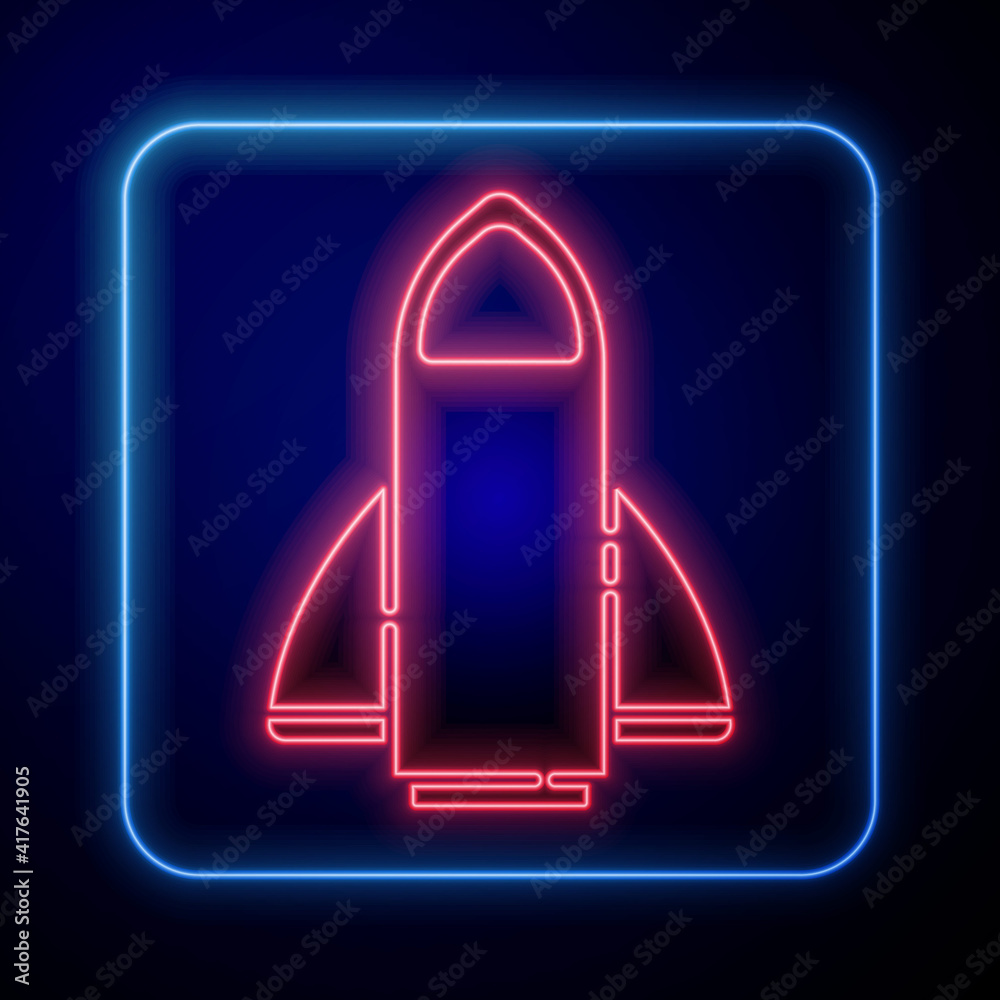 蓝色背景上孤立的发光霓虹灯火箭飞船图标。太空旅行。矢量。