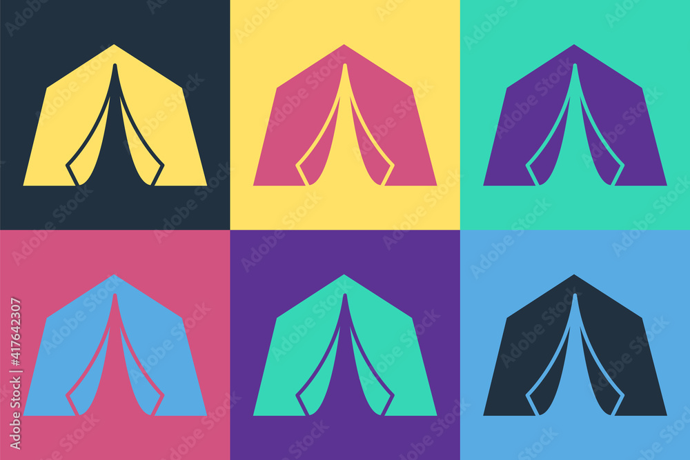 流行艺术旅游帐篷图标隔离在彩色背景上。露营符号。矢量。