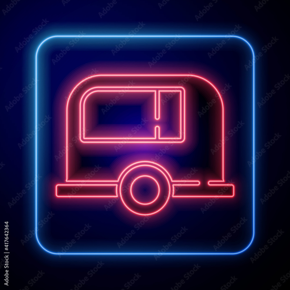 Glowing neon Rv Camping trailer icon isolated on blue background. Travel mobile home, caravan, home 