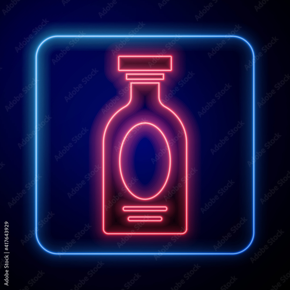 蓝色背景上隔离的发光霓虹灯酒精饮料朗姆酒瓶图标。矢量。