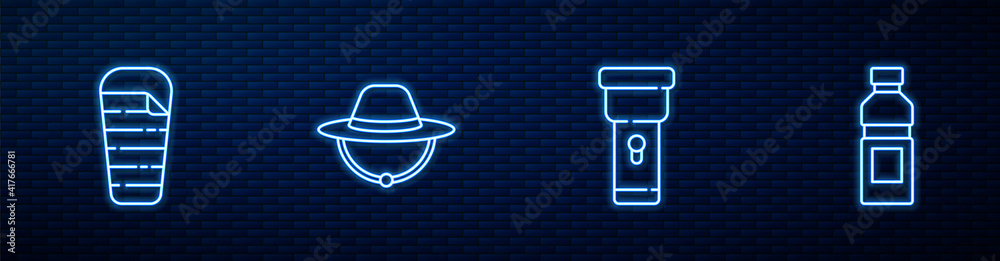 Set line Flashlight, Sleeping bag, Camping hat and Bottle of water. Glowing neon icon on brick wall.
