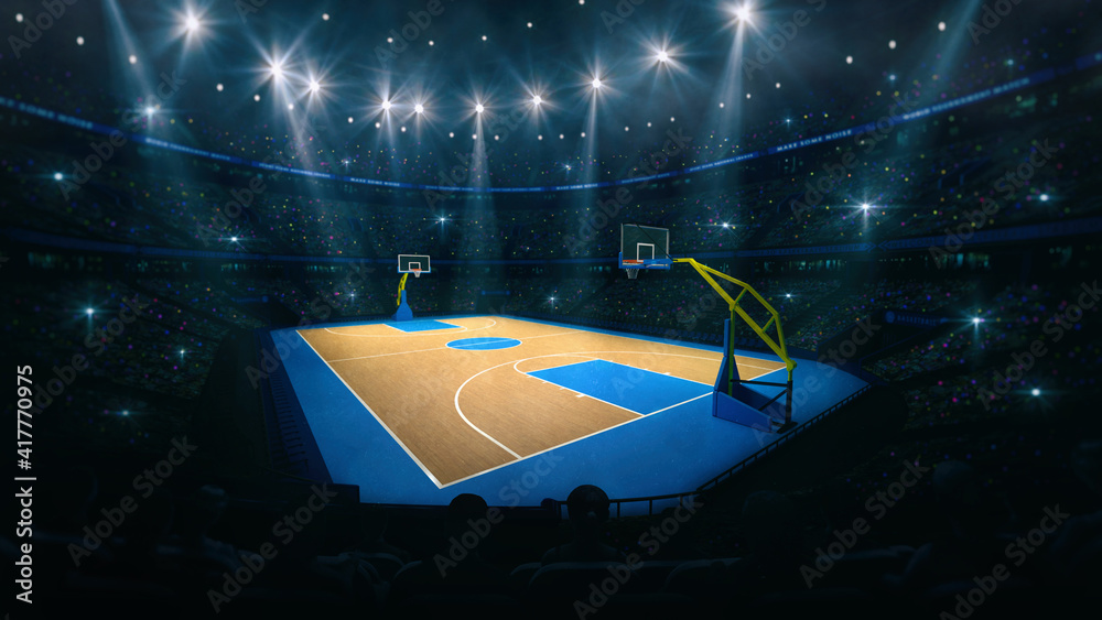 篮球场看台的角落视图。篮球木地板的内部视图