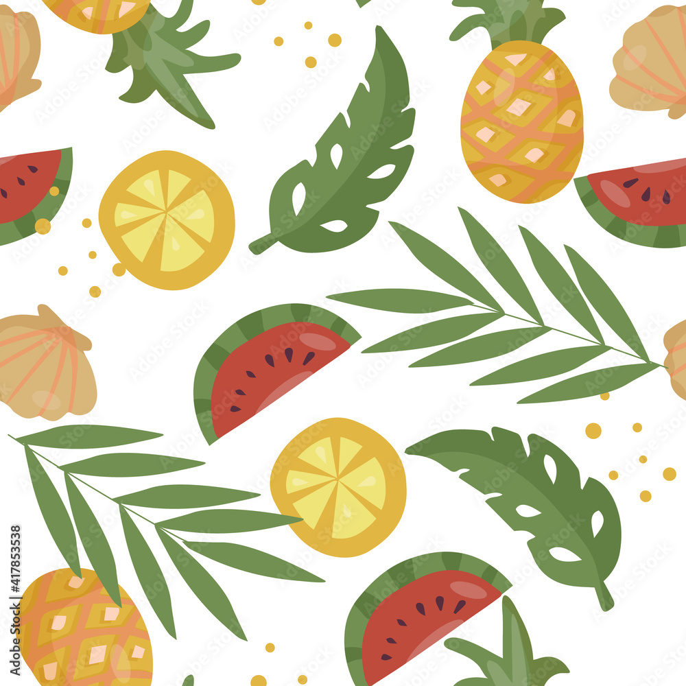 热带水果和棕榈叶的无缝图案。西瓜和橙子片，菠萝。Vecto