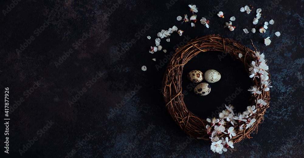 带有复活节彩蛋和春花的复活节背景。黑色复古木制背景上的蛋窝