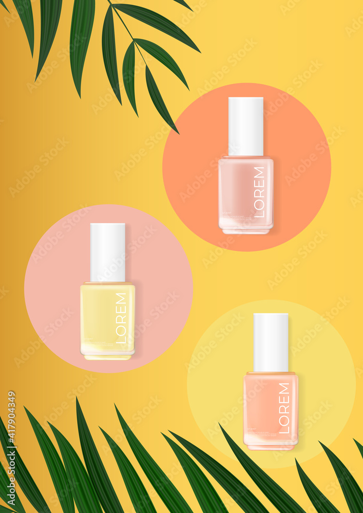 指甲油夏季棕榈背景。广告、杂志、产品的化妆品模板