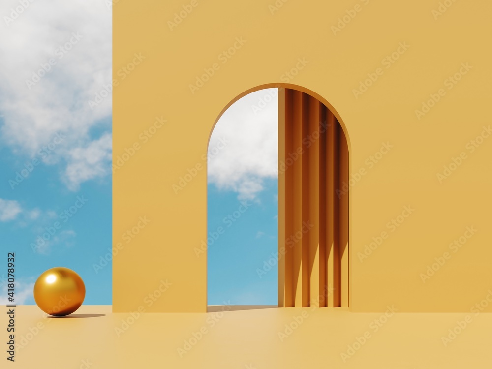 3D render, bright yellow podium, stand, platform with flying white clouds and blue sky. Empty showca