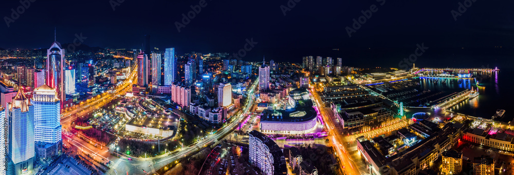 航拍中国青岛城市建筑景观夜景