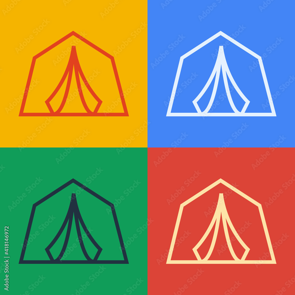 流行艺术线旅游帐篷图标隔离在彩色背景上。露营符号。矢量。