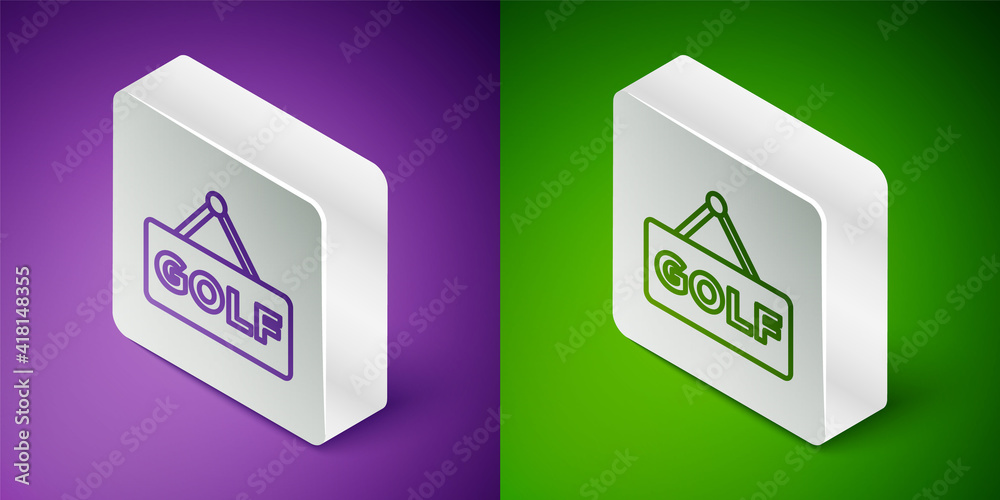 等距线高尔夫标签图标隔离在紫色和绿色背景上。银色方形按钮。矢量