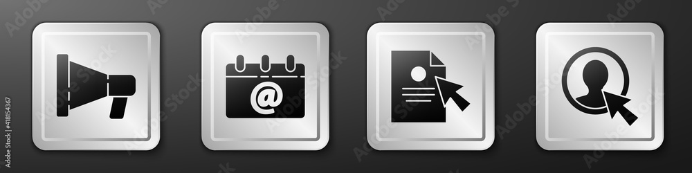 Set Megaphone, Calendar with email, Document and cursor and Create account screen icon. Silver squar