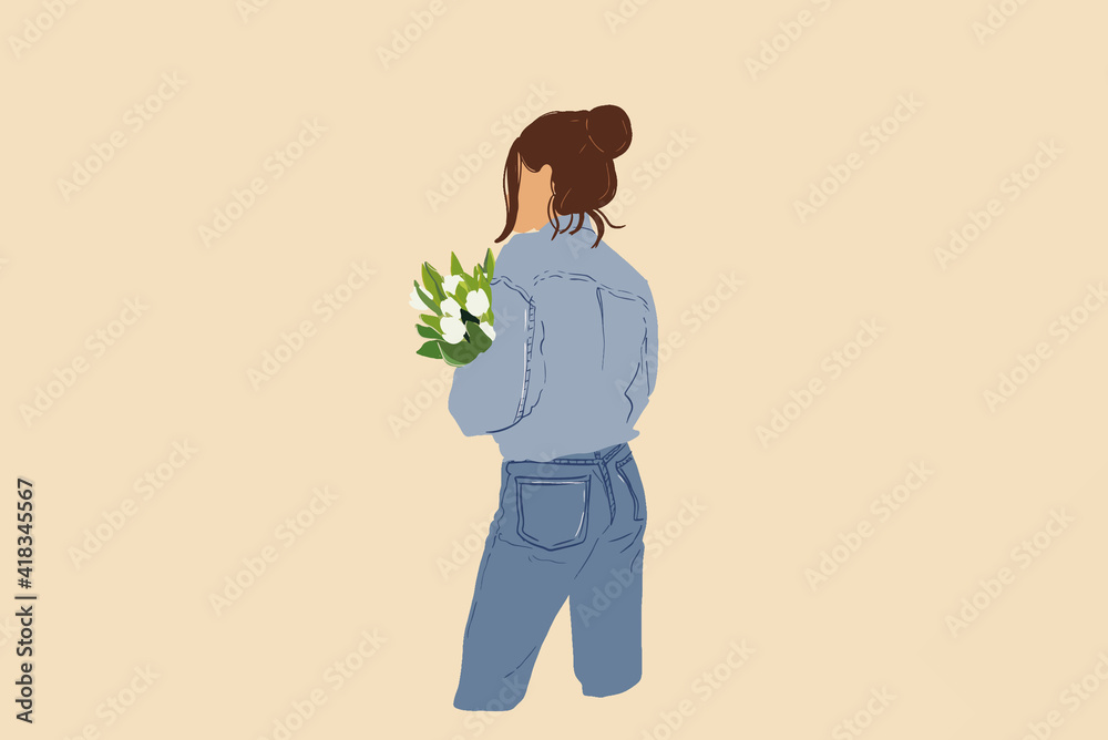 女人拿着一束白色郁金香，待在家里。平面风格和过去的矢量插图