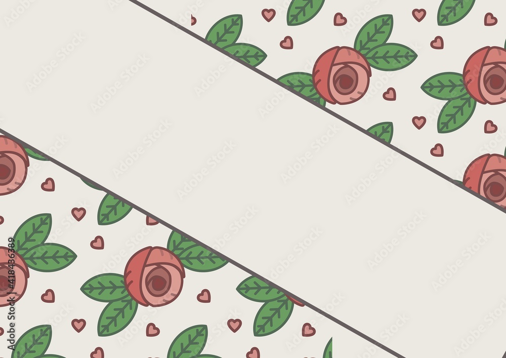 红玫瑰、红心和斜条纹插图，浅粉色背景上有复制空间