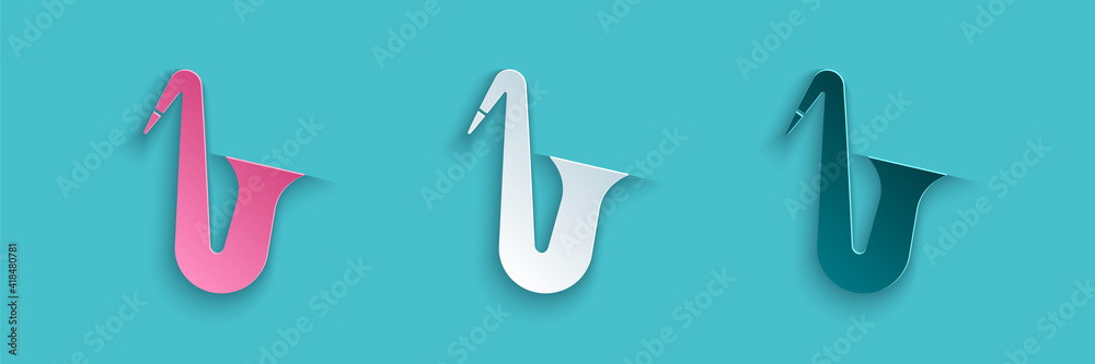 剪纸乐器萨克斯图标，蓝色背景。纸艺风格。矢量。