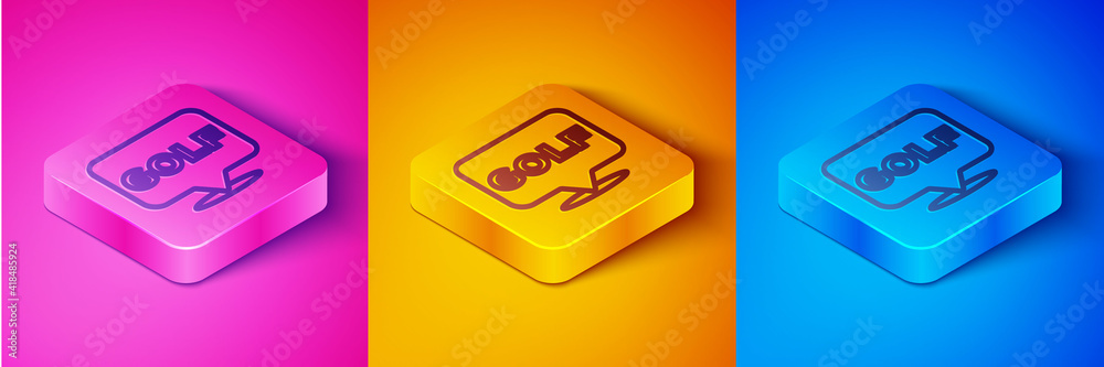 Isometric line Golf label icon isolated on pink and orange, blue background. Square button. Vector.