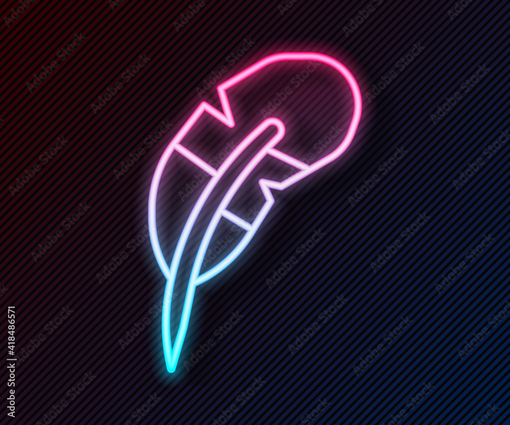 Glowing neon line Feather pen icon isolated on black background. Vector.