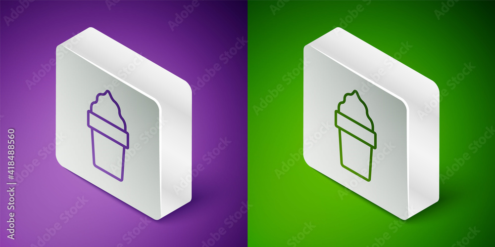 Isometric line Ice cream in waffle cone icon isolated on purple and green background. Sweet symbol. 