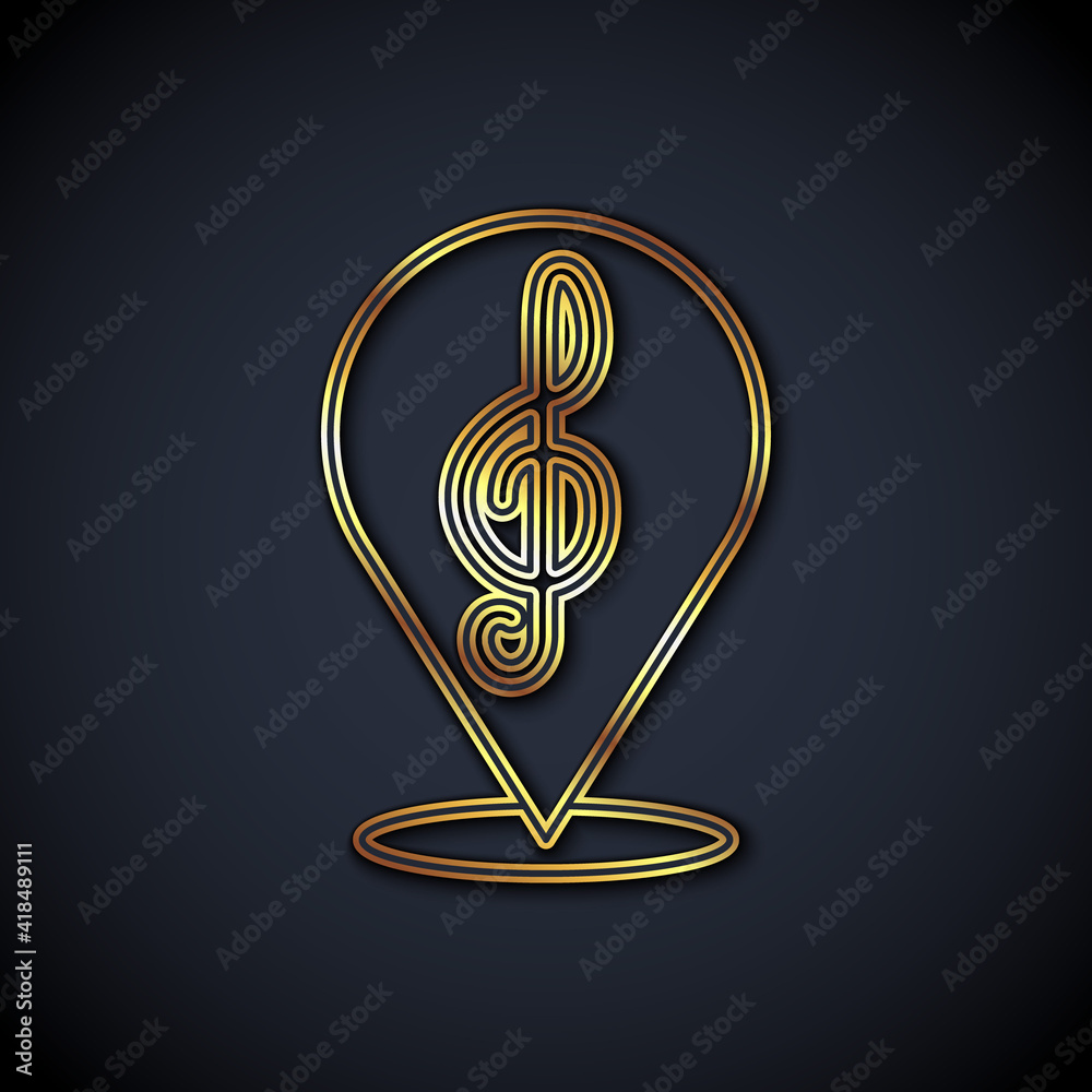 Gold line Treble clef icon isolated on black background. Vector.
