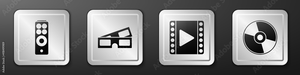 设置遥控器、3D影院眼镜、播放视频和CD或DVD光盘图标。银色方形按钮。Vec