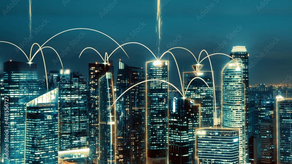 全球化的智能数字城市抽象图形显示连接网络。未来的概念