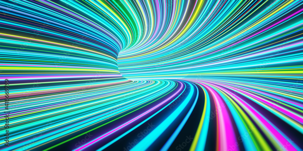 抽象的自发光彩色线条在隧道中快速移动。3d