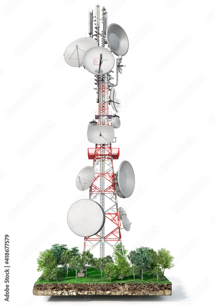 岛上树木间的5g塔，白色背景三维插图