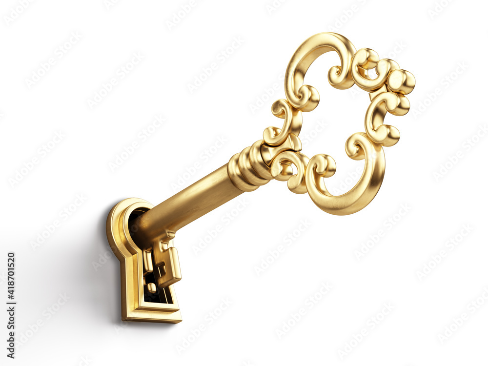 Golden key in keyhole isolated on white background - 3d rendering