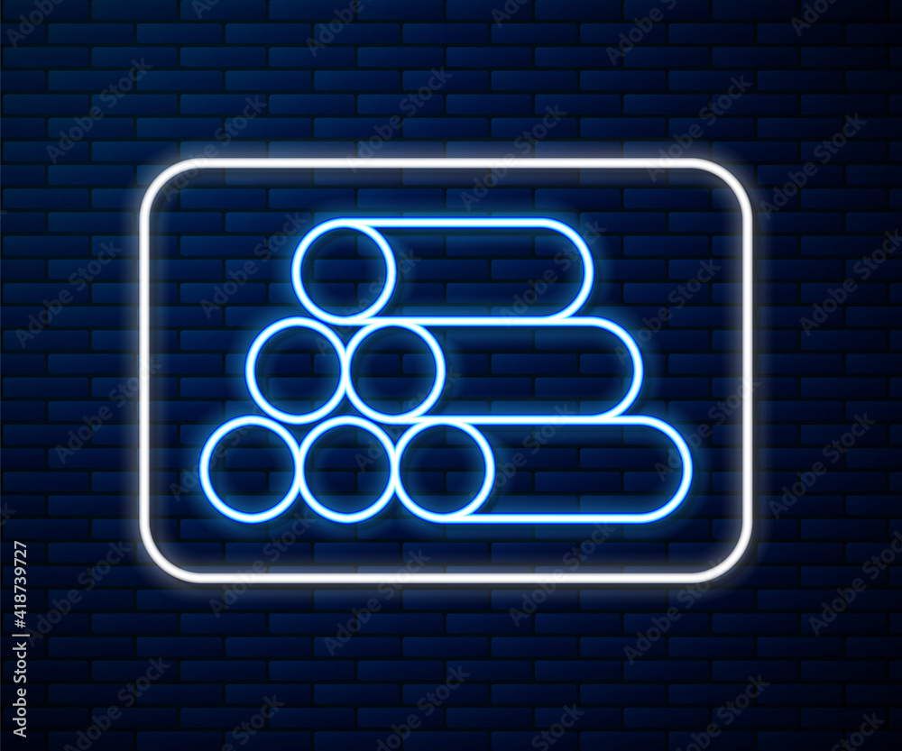 Glowing neon line Wooden logs icon isolated on brick wall background. Stack of firewood. Vector.