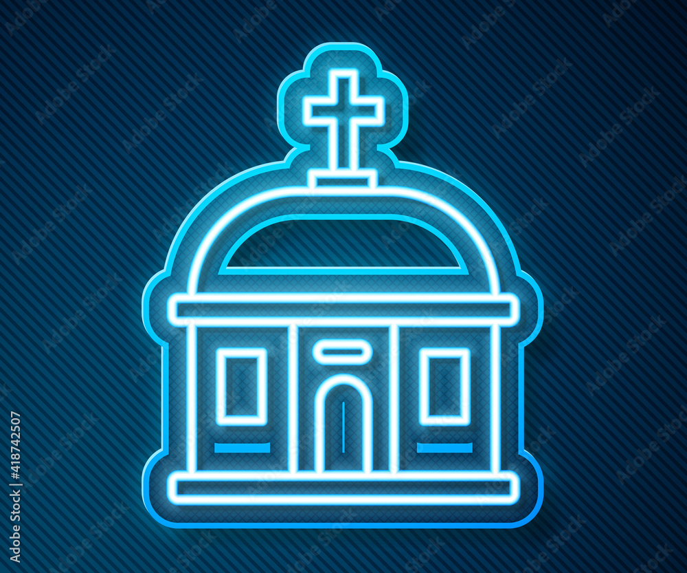 Glowing neon line Santorini building icon isolated on blue background. Traditional Greek white house