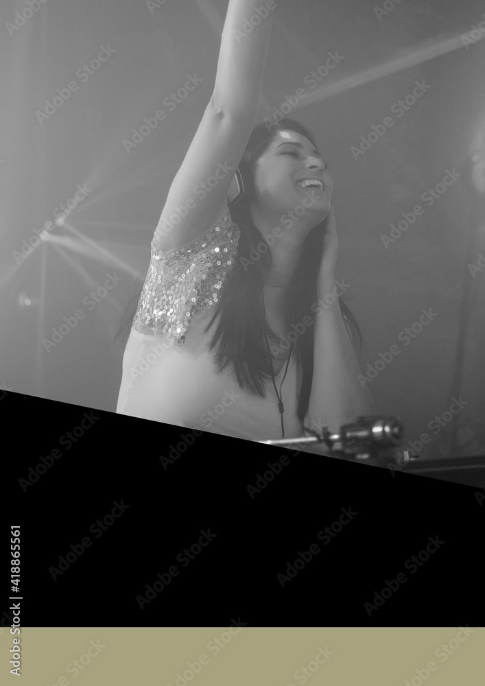 Composition of black and white image of woman djing with black and grey copy spaces