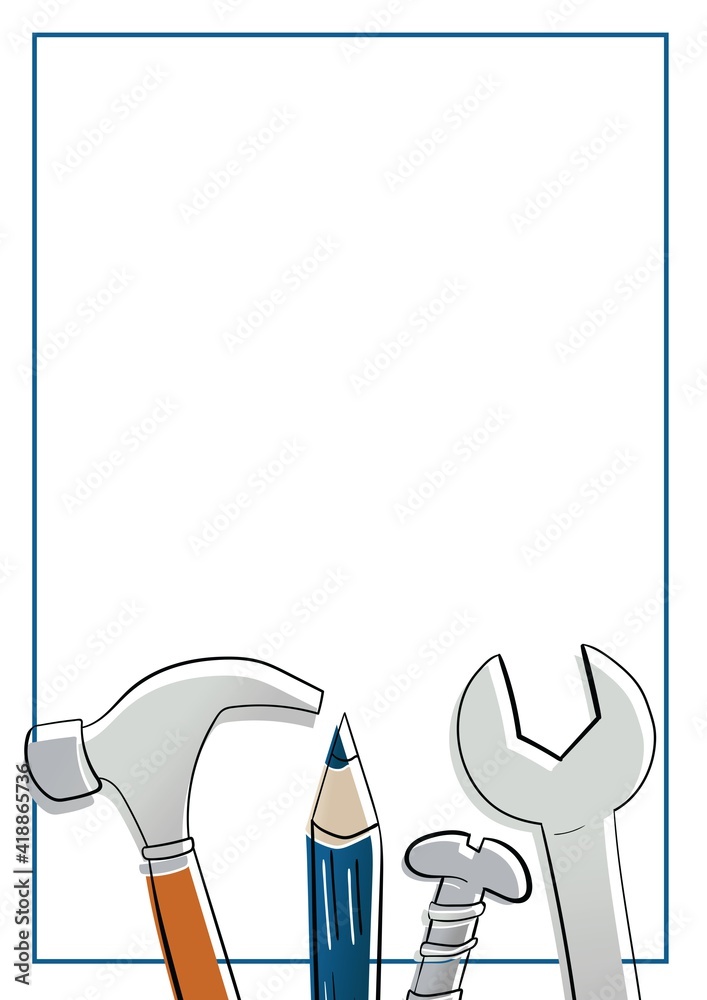 Illustration of tools with copy space and blue frame on white background