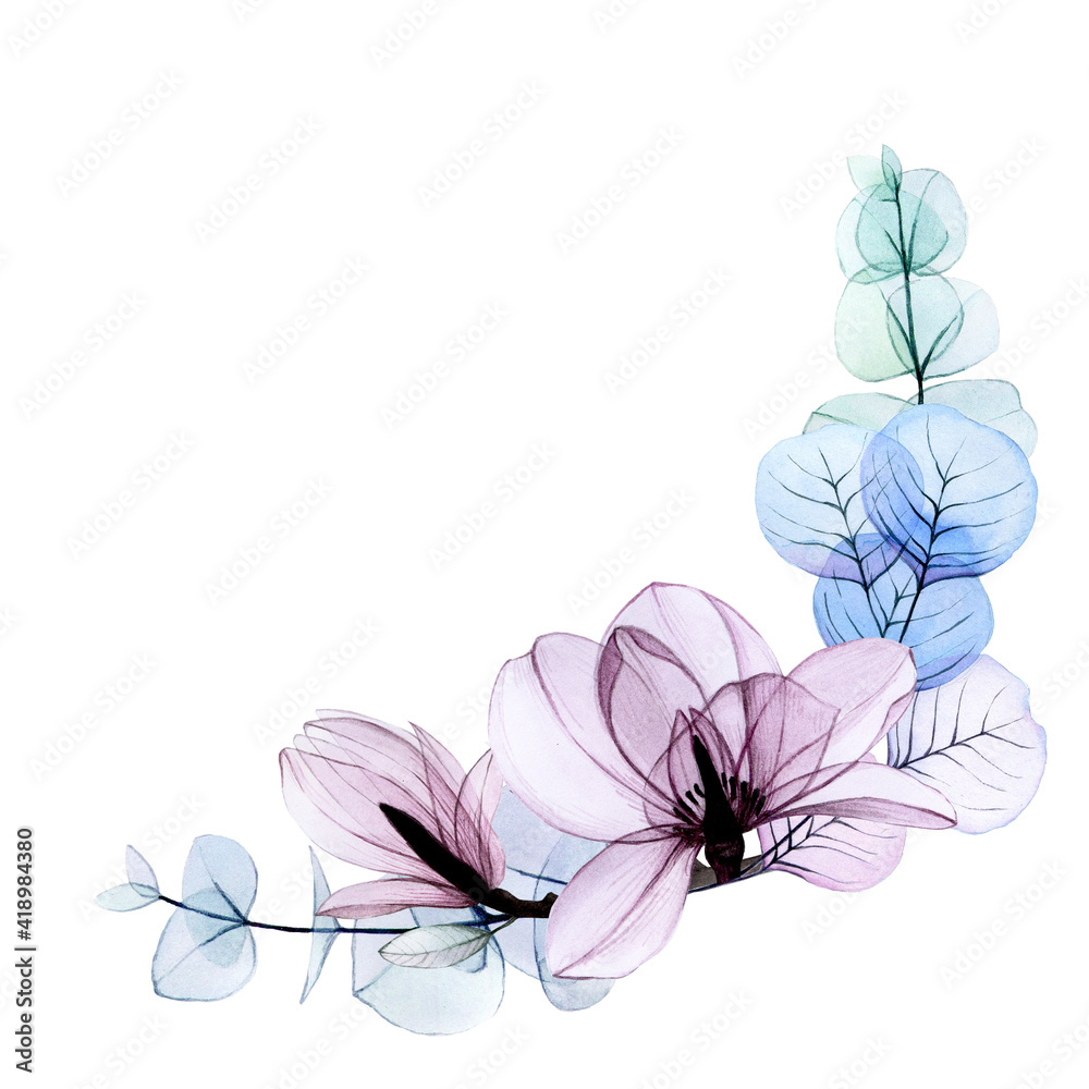 watercolor bouquet with transparent magnolia flowers and eucalyptus leaves. flower arrangement decor