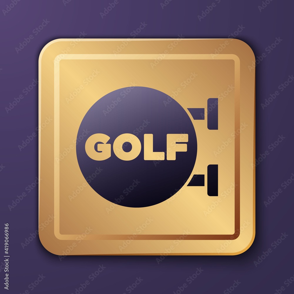 紫色高尔夫运动俱乐部图标孤立在紫色背景上。金色方形按钮。矢量。